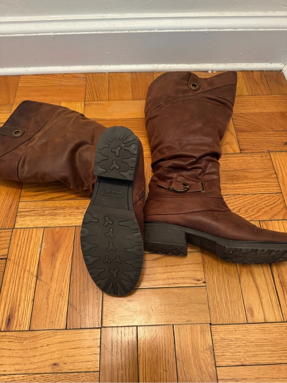 Baretraps Women's Brown Knee-High Buckle Boots